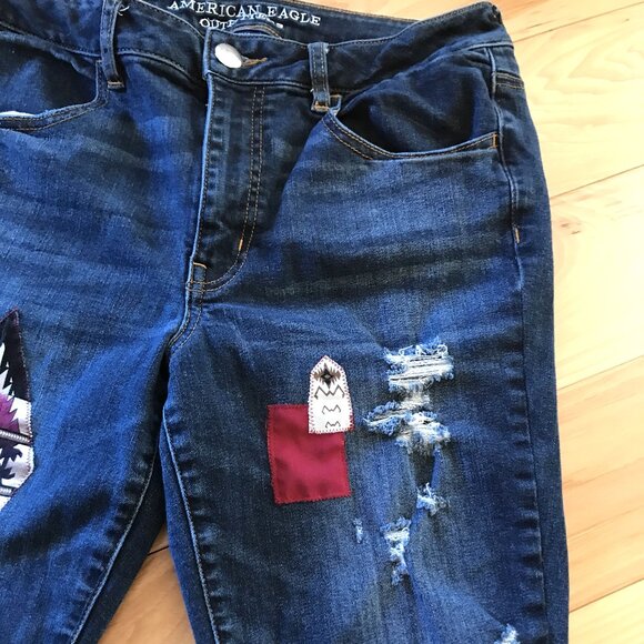 Upcycled Aztec Tribal Patchwork Jeans, Junior Size 12: Distressed Cropped Denim - Picture 8 of 13
